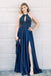 Halter Beaded Navy Blue Long Prom Dresses with Slit Elegant Formal Party Dress PD7