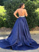Halter Navy Blue Long Prom Dresses Beaded Backless Evening Dresses PDI25