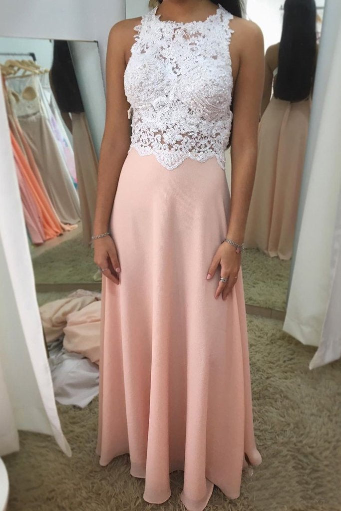 Halter Neck Beadings Blush Appliques Beaded Chiffon Prom Dresses PDS84