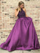 Halter Purple Long Satin Prom Dresses Beaded Junior Evening Gown PDI6