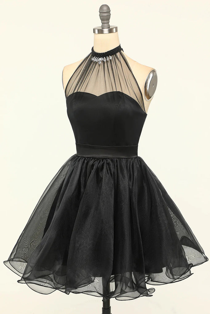 Halter Black A line Tulle Beading Homecoming Dresses, Mini Graduation Dresses OMH0137