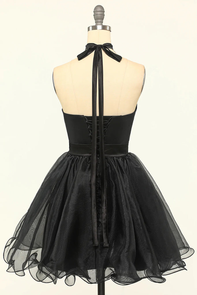 Halter Black A line Tulle Beading Homecoming Dresses, Mini Graduation Dresses OMH0137