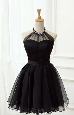 Halter Black A line Tulle Beading Homecoming Dresses, Mini Graduation Dresses OMH0137