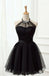 Halter Black A line Tulle Beading Homecoming Dresses, Mini Graduation Dresses OMH0137