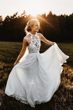 Unique A line Chiffon Halter Lace Long Beach Wedding Dresses, Bridal Gowns OW0045