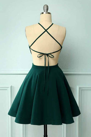 Halter Green A Line Sleeveless Graduation Dress, Short Homecoming Dresses OMH0161