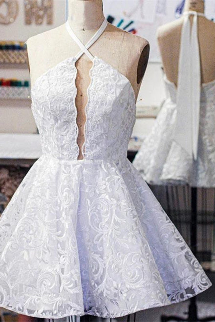 A line Halter Lace Ivory V Neck Short Prom Dresses, Above Knee Homecoming Dresses OMH0149
