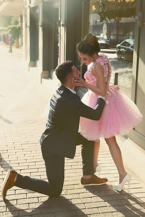 A Line Pink Halter Floral Applique Backless Tulle Homecoming Dress Graduation Dresses OMH0080