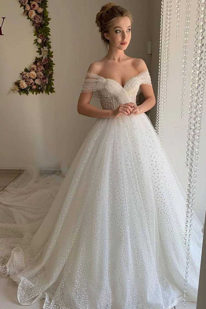 Glitter Tulle A Line Dotted Off the Shoulder Wedding Dresses, Wedding Gowns trendtydresses Glitter Tulle A Line Dotted Off the Shoulder Wedding Dresses, Wedding Gowns trendtydresses