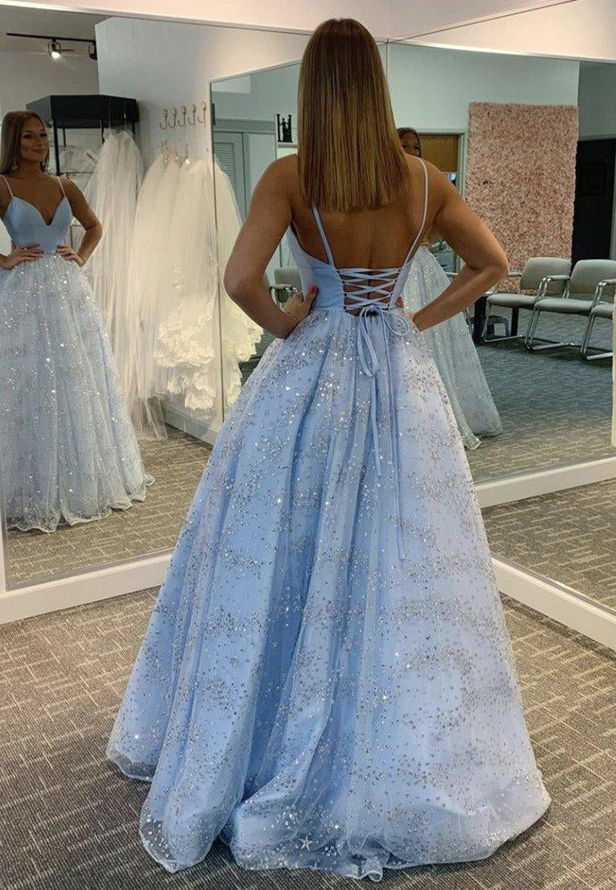 Princess A Line Blue V Neck Tulle Prom Dress, Spaghetti Straps Formal Party Dress OM0021