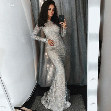 Mermaid Bateau Sliver Lace Long Sleeves Evening Prom Dress with Sequins PDF33