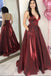 Simple A-Line Spaghetti Straps Floor-Length Burgundy Prom Dress with Pockets PDN22
