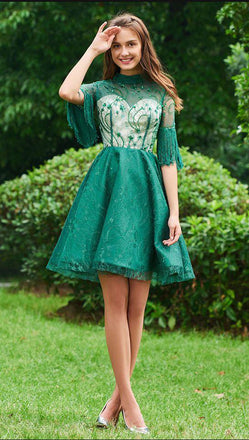 A Line Lace High Neck Half Sleeves Tassel Short Homecoming Dresses, Beads Cocktail Dress OMH0089