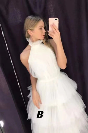 A line Tulle Tiered High Neck Homecoming Dresses, Ankle Length Prom Dresses OM0280