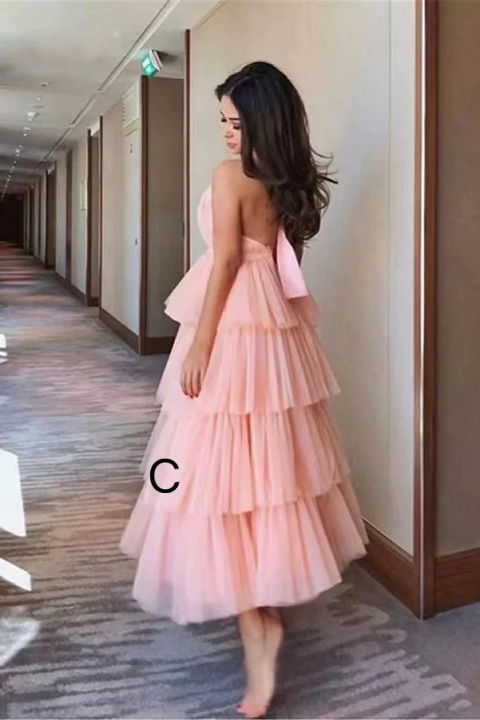 A line Tulle Tiered High Neck Homecoming Dresses, Ankle Length Prom Dresses OM0280