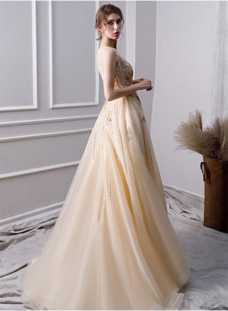 A Line Long Prom Dresses With Beading Formal Evening Gown PDL30