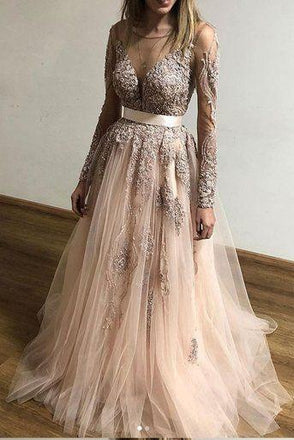 A Line Tulle Long Sleeves Appliques Cheap Prom Dresses PDF61