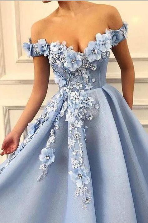 Blue Off Shoulder Flower Appliques A-line Long Modest Beautiful Prom D trendtydresses Blue Off Shoulder Flower Appliques A-line Long Modest Beautiful Prom D trendtydresses