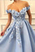 Blue Off Shoulder Flower Appliques A-line  Long Modest Beautiful Prom Dresses PDH13