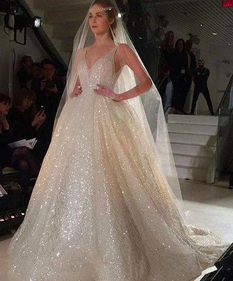 Sequins V-Neck Ivory Backless A-Line Sleeveless Elegant Plus Size Prom Wedding Dresses SK03