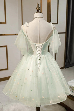 Cute A line Mint Green Tulle Appliques Homecoming Dresses, Graduation Dresses OMH0111
