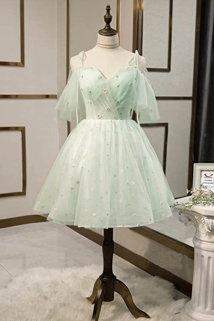 Cute A line Mint Green Tulle Appliques Homecoming Dresses, Graduation Dresses OMH0111