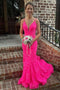 Charming Mermaid Lace Hot Pink V Neck Prom Dresses with Beading, Evening Dress OM0261