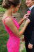 Charming Mermaid Lace Hot Pink V Neck Prom Dresses with Beading, Evening Dress OM0261