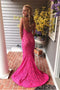 Pretty Mermaid Hot Pink V Neck Lace Long Prom Dresses Formal Evening Dresses OM0216