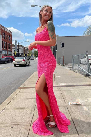 Sparkly Hot Pink Mermaid Sequins Prom Dresses with Slit, Shiny Party Dresses OM0089