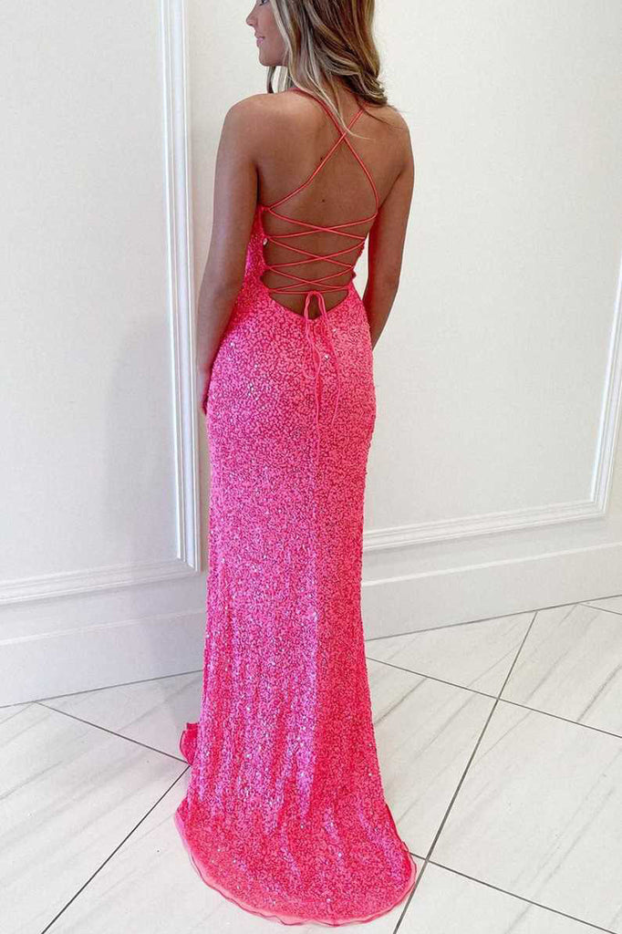 Glitter Hot Pink Mermaid Sequins Scoop Prom Dresses with Slit, Evening Dresses OM0237