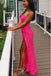 Shiny Mermaid Hot Pink Strapless Long Prom Dress, Formal Evening Dress with Slit OM0238
