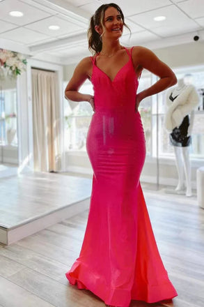 Elegant Hot Pink Mermaid V Neck Long Prom Dress, Backless Sleeveless Formal Dresses OM0306