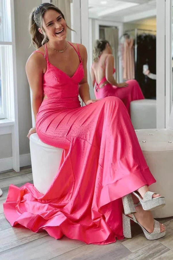 Elegant Hot Pink Mermaid V Neck Long Prom Dress, Backless Sleeveless Formal Dresses trendtydresses Elegant Hot Pink Mermaid V Neck Long Prom Dress, Backless Sleeveless Formal Dresses trendtydresses