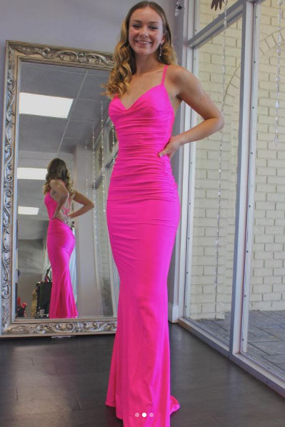 Hot Pink Spaghetti Straps Mermaid V Neck Prom Dresses, New Style Evening Dresses OM0210