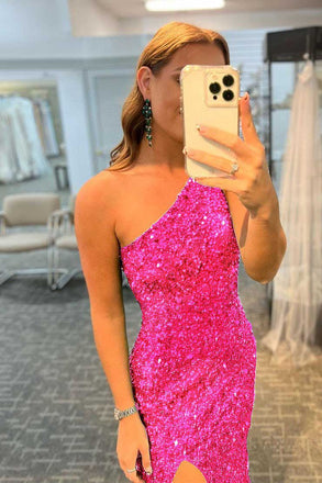 Mermaid Glitter One Shoulder Backless Prom Dress With Sequins, Slit Long Evening Dress OM0067