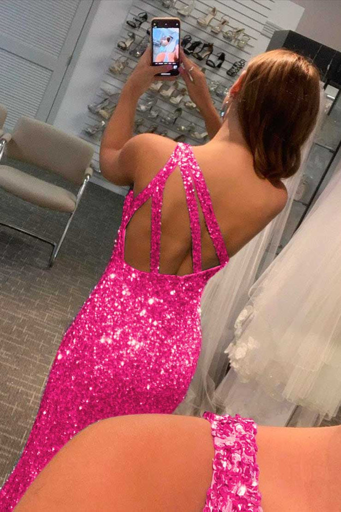 Mermaid Glitter One Shoulder Backless Prom Dress With Sequins, Slit Long Evening Dress OM0067