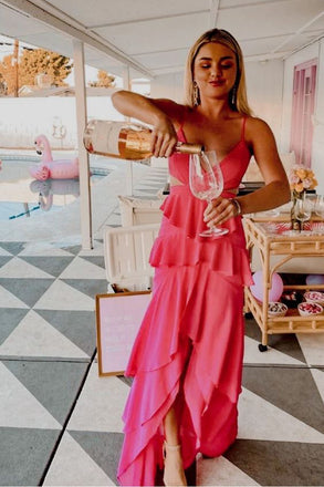 A Line Hot Pink Spaghetti Straps V neck Prom Dresses Simple Evening Dress OM0101