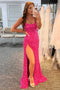 Glitter Mermaid Sequins Sexy Hot Pink Backless Long Prom Dress with Side Slit OM0066