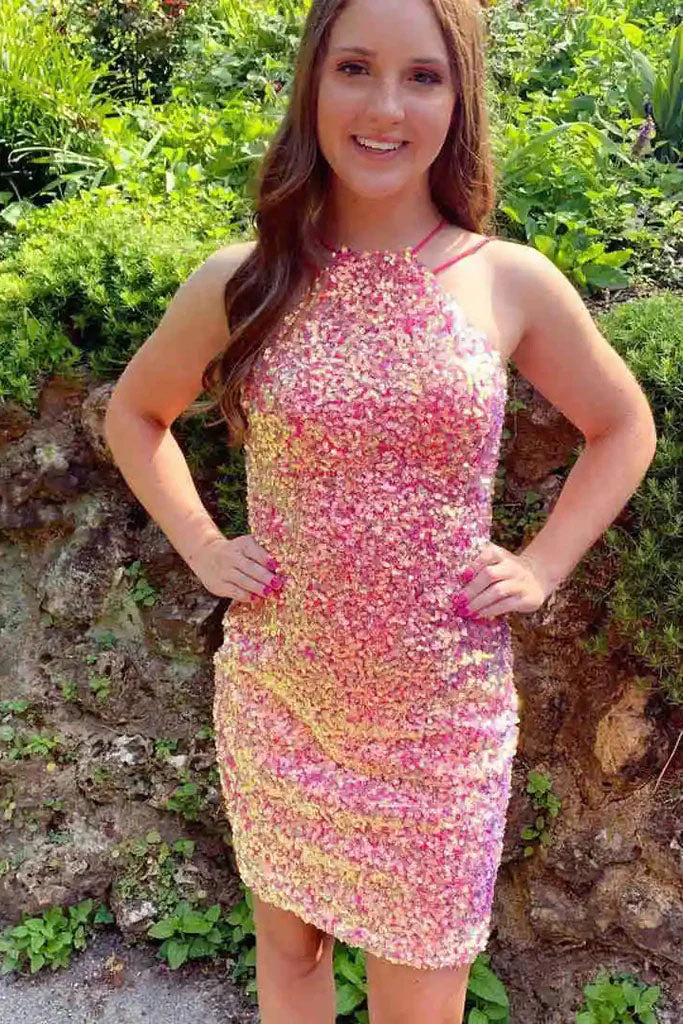 Glitter Hot Pink Sequins Straps Homecoming Dresses, Sleeveless Graduation Dress OMH0176