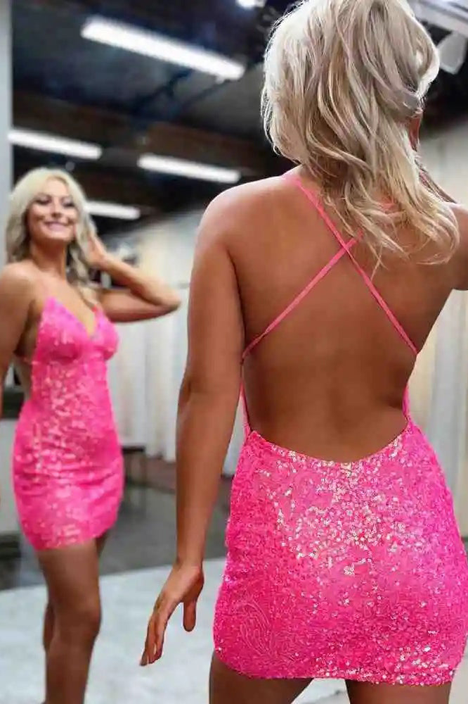 Sexy Hot Pink Sequins V Neck Sheath Short Homecoming Dresses, Graduation Dress OMH0254