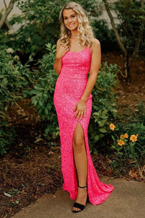 Glitter Mermaid Hot Pink Sequins Long Prom Dresses, Sexy Graduation Dresses OM0274