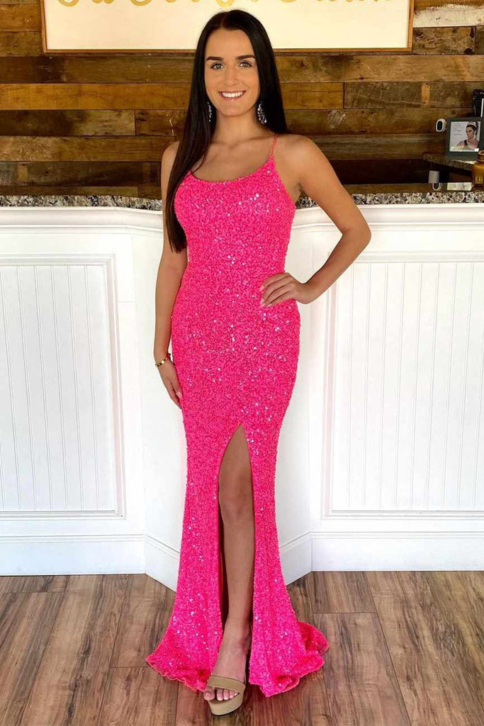 Glitter Mermaid Hot Pink Sequins Long Prom Dresses, Sexy Graduation Dresses OM0274