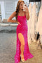 Sheath Hot Pink Sequins Spaghetti Straps Long Prom Dresses With Slit, Evening Gown OM0341
