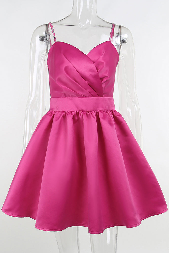 Simple A line Hot Pink V Neck Spaghetti Straps Satin Homecoming Dresses with Ruffles OMH0114