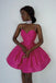 Simple A line Hot Pink V Neck Spaghetti Straps Satin Homecoming Dresses with Ruffles OMH0114