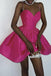 Simple A line Hot Pink V Neck Spaghetti Straps Satin Homecoming Dresses with Ruffles OMH0114