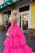 Hot Pink A Line Strapless High Low Layers Prom Girl Dresses, Ruffles Party Dress OM0297