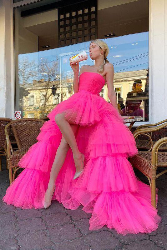 Hot Pink A Line Strapless High Low Layers Prom Girl Dresses, Ruffles Party Dress OM0297