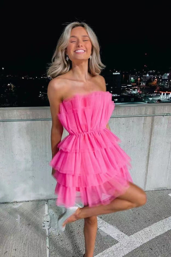 A Line Hot Pink Strapless Tiered Short Homecoming Dress, Short Mini Cocktail Dresses OMH0045